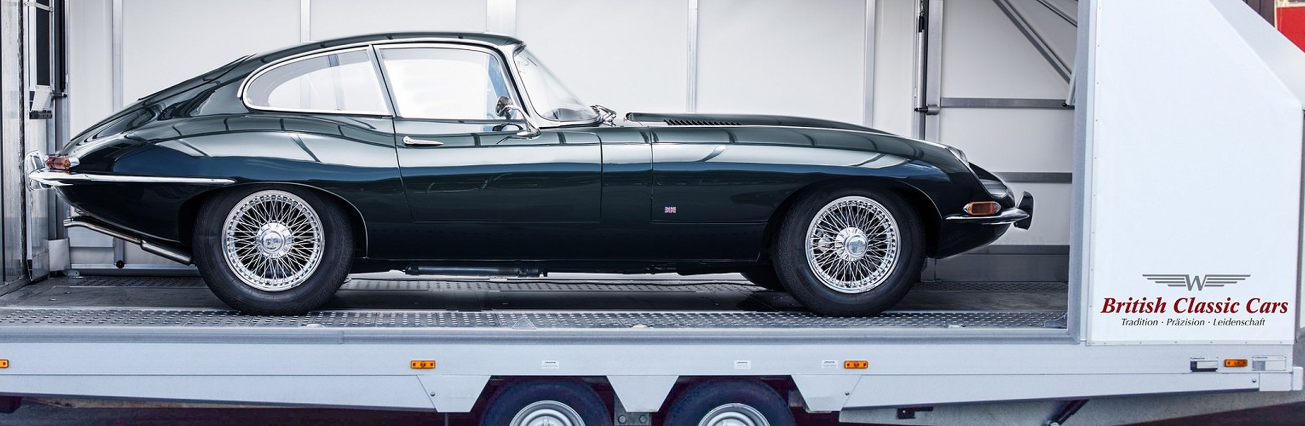 Jaguar E in our transport trailer